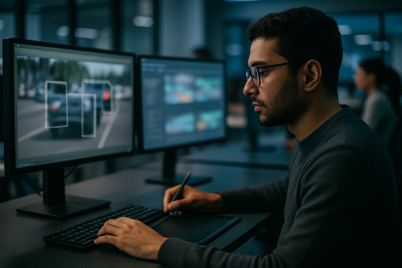 Data annotation specialist at a multi-monitor workstation labeling image data