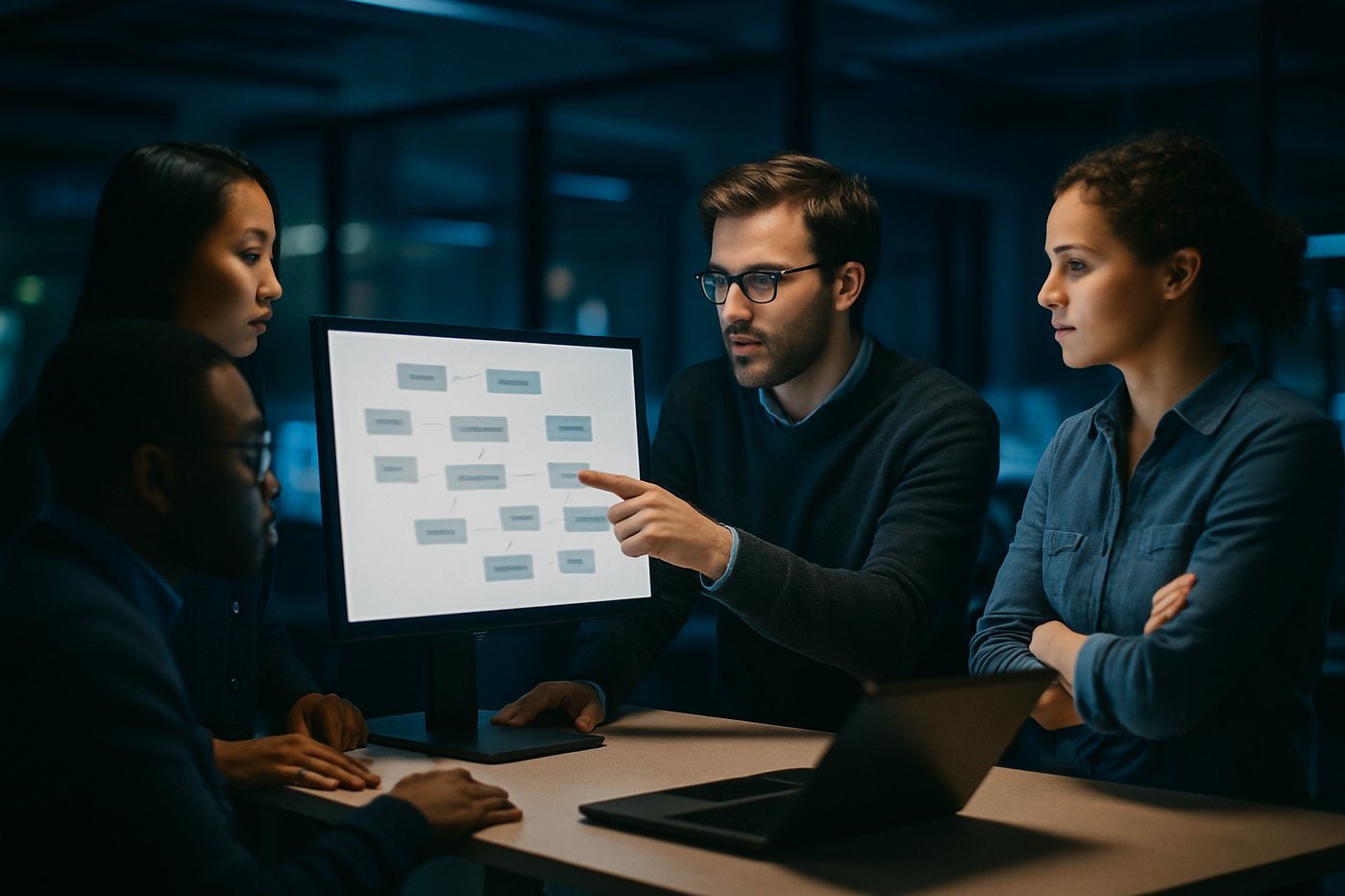 A team of engineers collaborating around a screen showing a multi-stage data pipeline