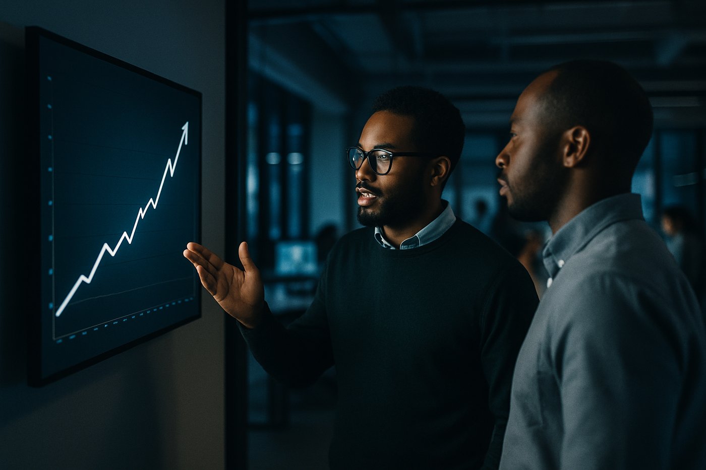 Two analysts reviewing an upward market growth chart on a large office display