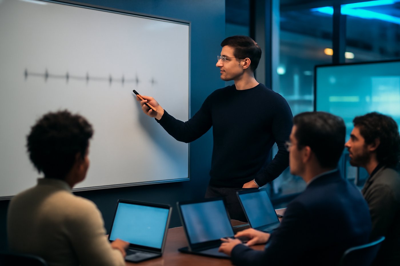 A team lead walking new team members through a project timeline in a training room