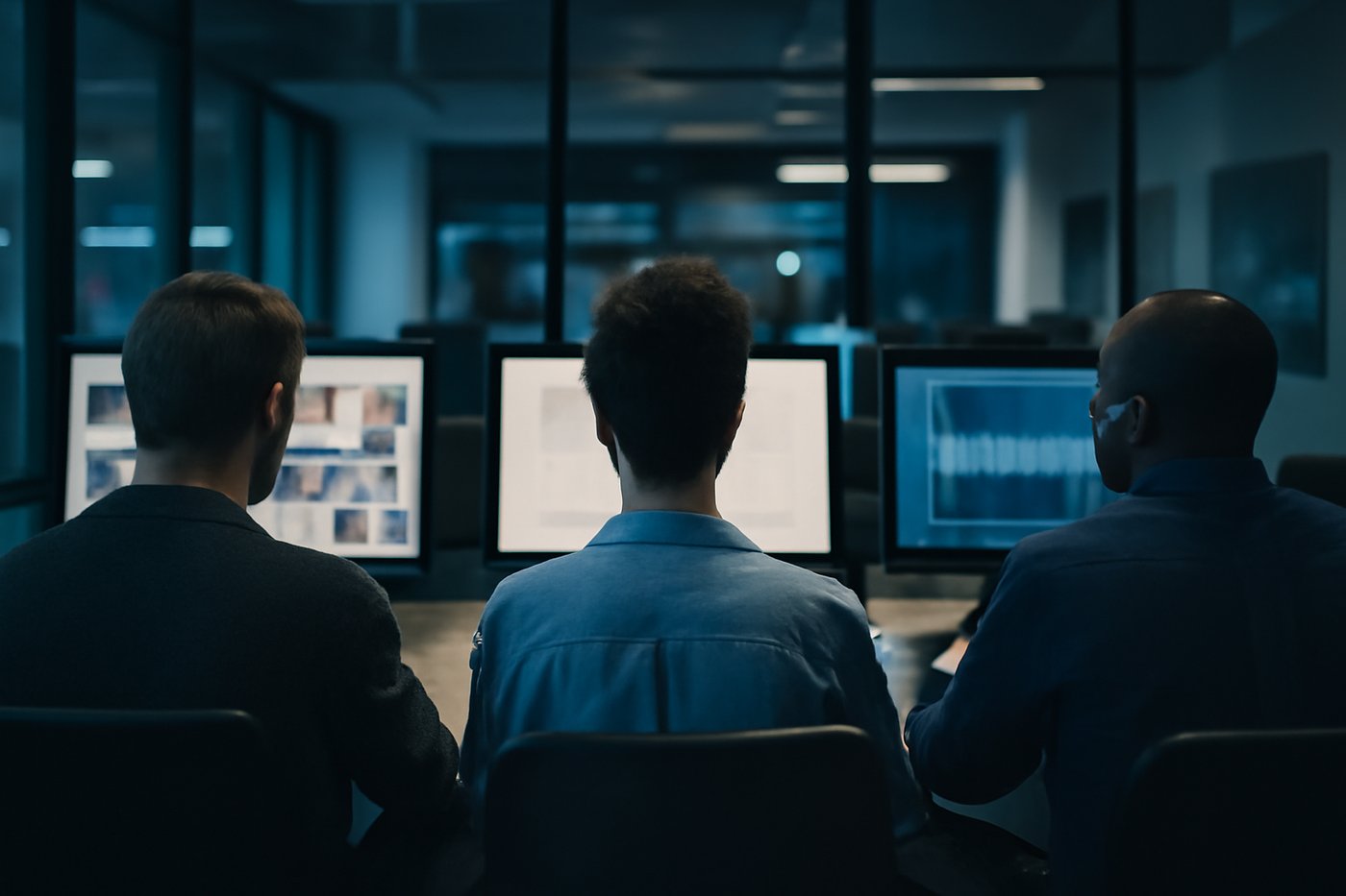 Specialists working across image, text and audio workflows at adjacent workstations