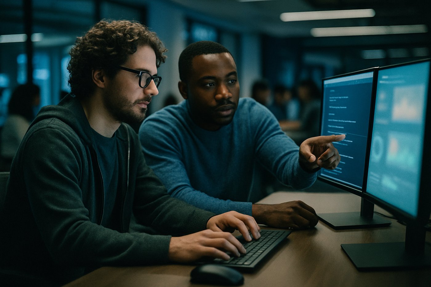 Two software engineers pair-programming at dual monitors