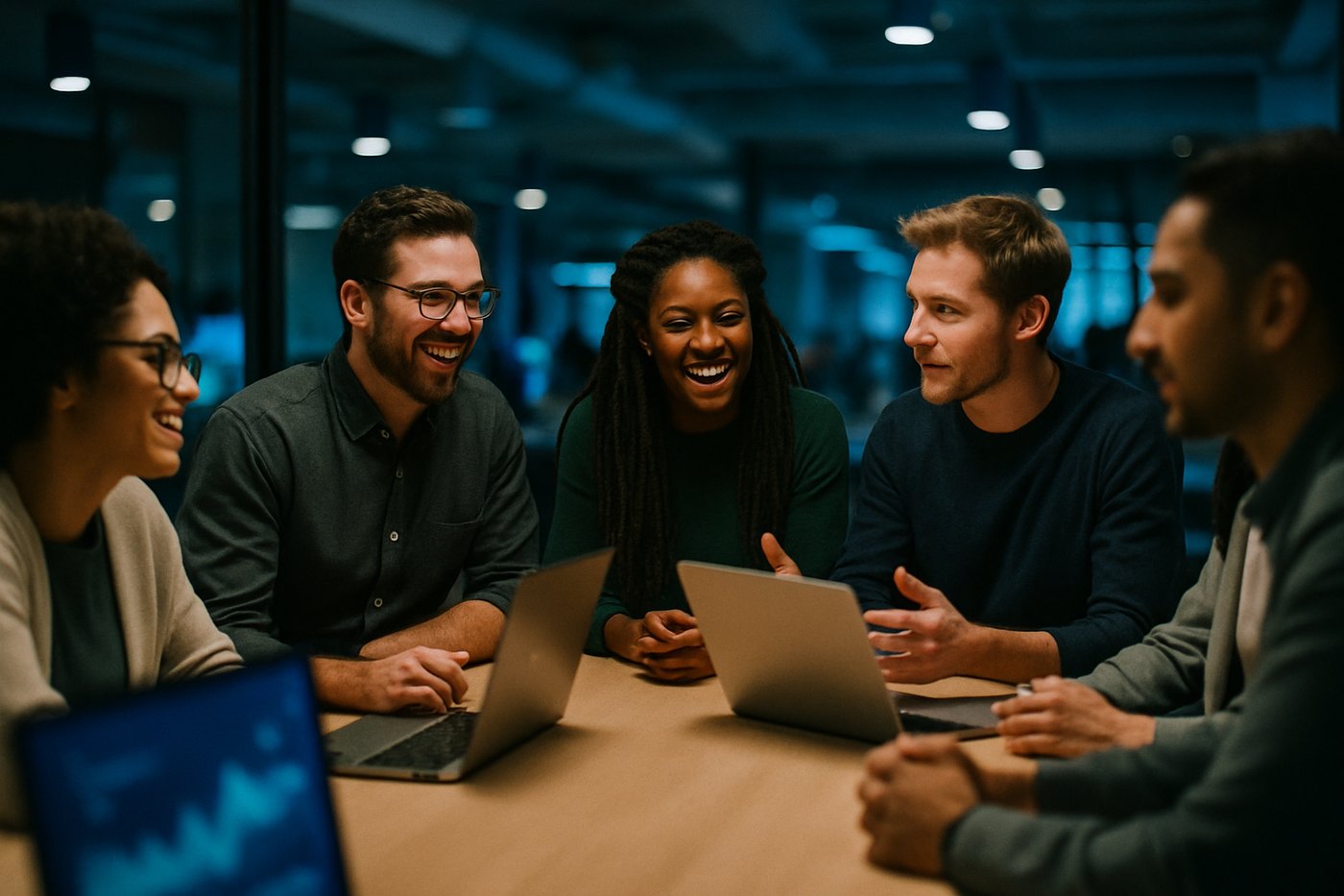 A diverse team of professionals collaborating around a table in a modern workspace