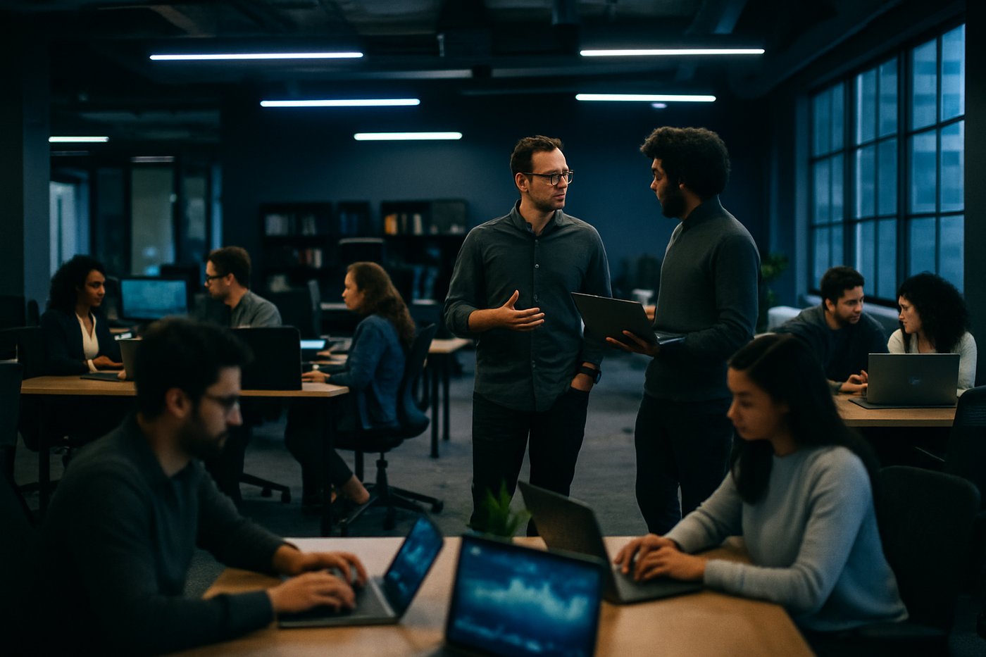 Wide shot of a busy open-plan tech workspace with teams collaborating